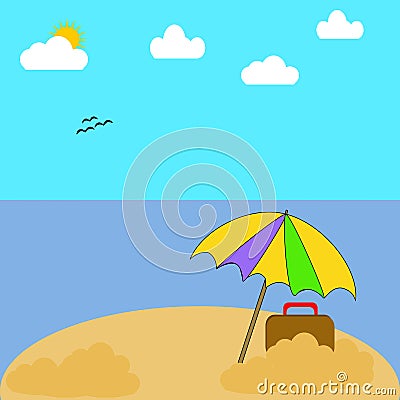 A vacation on a beach with palm trees, Ocean, sky and clouds wit Vector Illustration