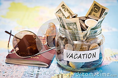 Vacation budget concept with passport and sunglasses Stock Photo