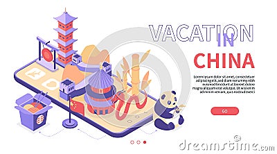 Vacation in China - modern colorful isometric web banner Vector Illustration