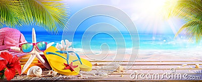 Vacation Concept - Beach Accessories On Table Stock Photo