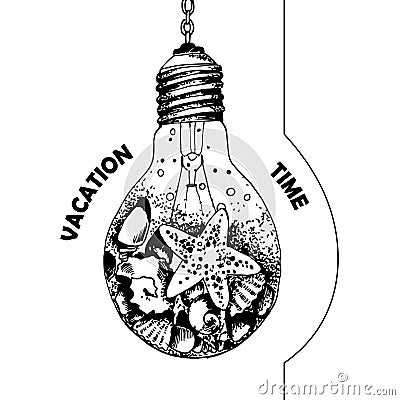 Vacation concept. hand drawn sea sand, seashells into the lamp Vector Illustration