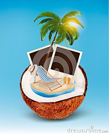 Vacation concept. Palm tree, photos and beach chair Vector Illustration