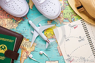 Vacation concept. Planning items for vacation trip. Stock Photo