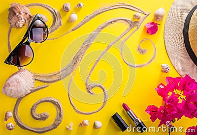 Vacation concept. Sand, seashells and accessories Stock Photo