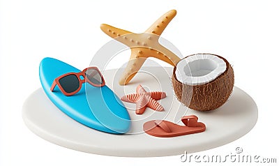 Vacation 3D render with beach and sea icon elements objects group, summer theme for a realistic display for product mock Stock Photo