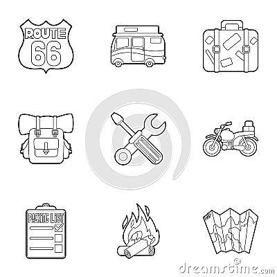 Vacation in forest icons set, outline style Vector Illustration