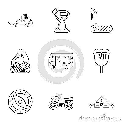 Vacation in forest icons set, outline style Vector Illustration