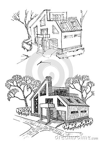 Vacation home before and after reconstruction. Cottage renovated and improvement. Vector EPS 10 Vector Illustration