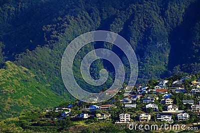 Vacation Homes on Tropical Mountainside Lush Green Stock Photo