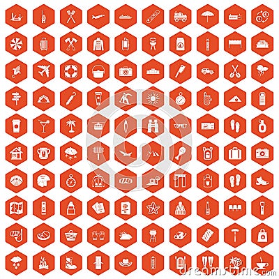 100 vacation icons hexagon orange Vector Illustration