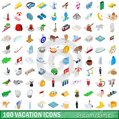 100 vacation icons set, isometric 3d style Vector Illustration