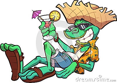 Cartoon iguana on vacation relaxing with tropical drink Vector Illustration