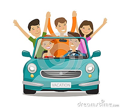 Vacation, journey concept. Happy young people or friends are traveling by car. Cartoon vector illustration Vector Illustration