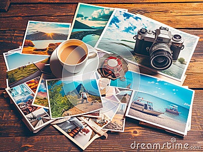 Vacation memories photos, camera and a cup of coffee on wodden desk. Stock Photo