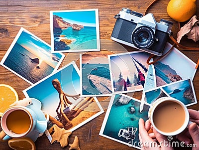 Vacation memories photos, camera and a cup of coffee on wodden desk. Stock Photo