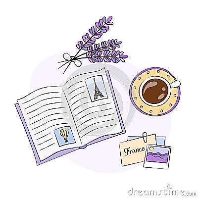Vacation memories Vector illustration. Nostalgia for trip to France. Nostalgic diary or book, cup of coffee, photo of lavender Vector Illustration