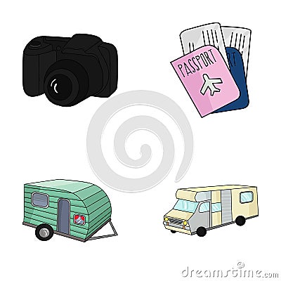 Vacation, photo, camera, passport .Family holiday set collection icons in cartoon style vector symbol stock illustration Vector Illustration