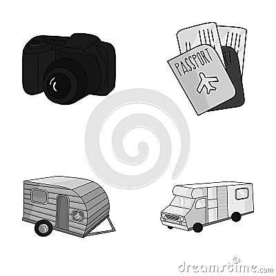 Vacation, photo, camera, passport .Family holiday set collection icons in monochrome style vector symbol stock Vector Illustration