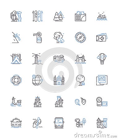 Vacation planner line icons collection. Destination, Itinerary, Activities, Budget, Bookings, Reservations, Guide vector Vector Illustration