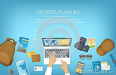 Vacation planning, packing Check List, reservation, booking a hotel. Preparing for travel, journey, trip. Table with baggage Vector Illustration