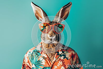 Vacation-Ready Rabbit in Tropical Shirt and Sunglasses Stock Photo