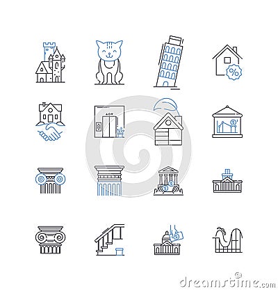 Vacation rentals line icons collection. Accommodations, Villas, Apartments, Cabins, Cottages, Chalets, Condos vector and Vector Illustration