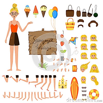 Vacation set of female characters. Girl with holiday attributes on a white background. Vector illustration Cartoon Illustration