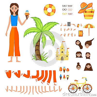 Vacation set of female characters. Girl with holiday attributes on a white background. Vector illustration Cartoon Illustration