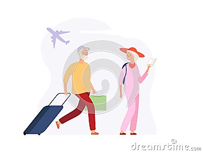 Vacation time. Elderly travellers with luggage on airport terminal. Tourism, flight on sea. Woman man with suitcases Vector Illustration