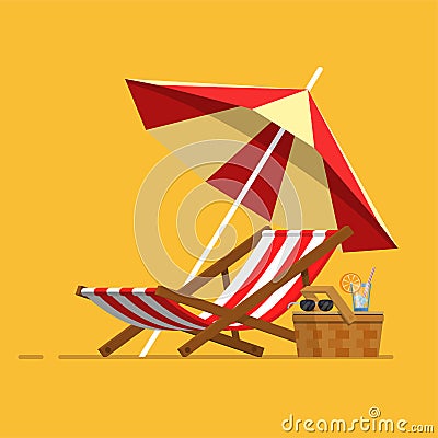 Vacation, travel, vacation. Beach umbrella, beach chair. Vector Illustration