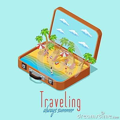 Vacation Travel Isometric Retro Style Poster Vector Illustration