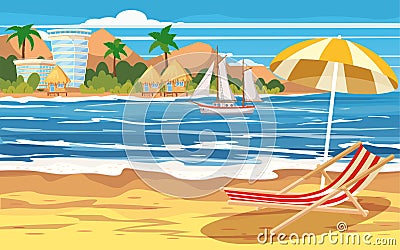 Vacation, travel, relax, tropical beach, island, building hotels, bungalow, beach chair, umbrella, seascape, ocean Vector Illustration