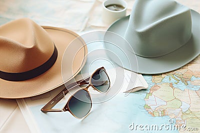 Vacation trip vintage hat concept view traveler journey map holiday watch summer Stock Photo