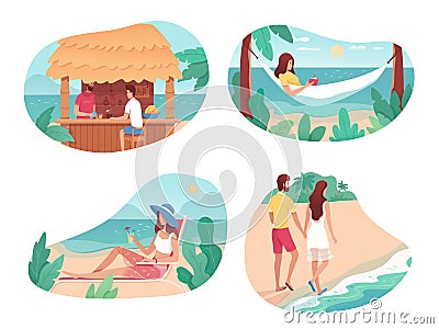 Vacation on tropic island people scene cutout set Vector Illustration