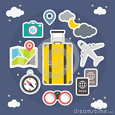 Set of stickers icon, Traveling on airplane, Vacation time, Journey in holidays, Flat style vector illustration. Vector Illustration