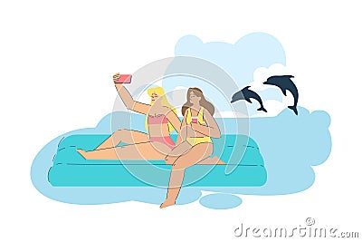 Vacation with Woman Character Floating on Inflatable Raft Enjoying Seaside Rest Vector Illustration Vector Illustration