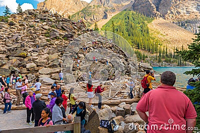 Vacationers at Moraine Lake Banff National Park Editorial Stock Photo