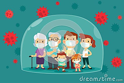 Vaccinated family inside big glass dome Stock Photo