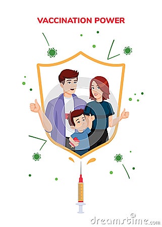 Vaccinated family is protected from coronavirus and influenza by an immunity shield. Power of vaccination concept. Vector Illustration