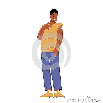 Vaccinated Positive African Male Character Show Patch on Shoulder after Covid Vaccination Isolated on White Background Vector Illustration