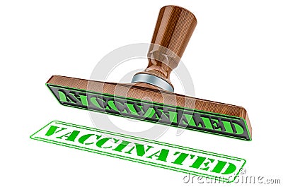 Vaccinated stamp. Wooden stamper, seal with text vaccinated, 3D rendering Stock Photo