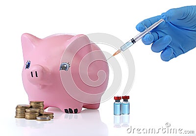 Vaccinating the piggy bank. Isolated Stock Photo