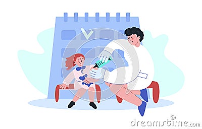 Female doctor with syringe vaccinate children, calendar. Vector flat cartoon illustration vaccination concept. Vector Illustration