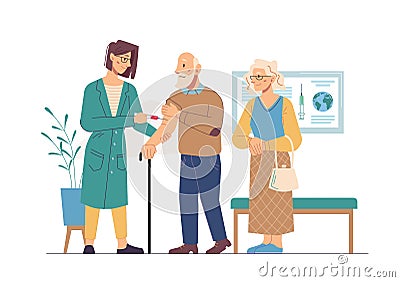 Vaccination of adult people nurse and aged seniors Vector Illustration