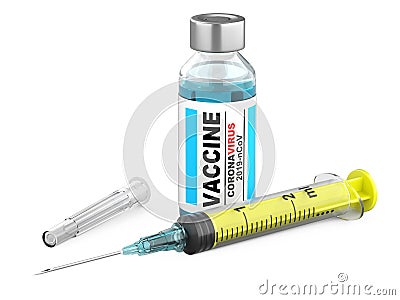 Vaccination against sars virus, coronavirus. Syringe for injecting vaccine and bottle with the drug. Infection pneumonia Cartoon Illustration