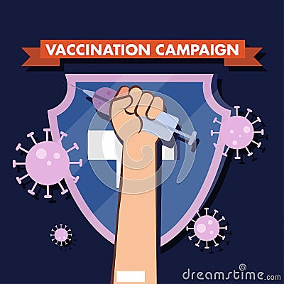 Vaccination Campaign healthcare corona virus covid hand medical shield injection vaccine vector design Vector Illustration