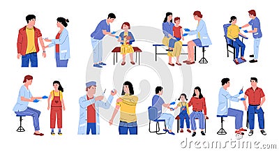 Vaccination. Cartoon doctors make injection of vaccine, disease precaution for kids and adults. Medical workers with Vector Illustration