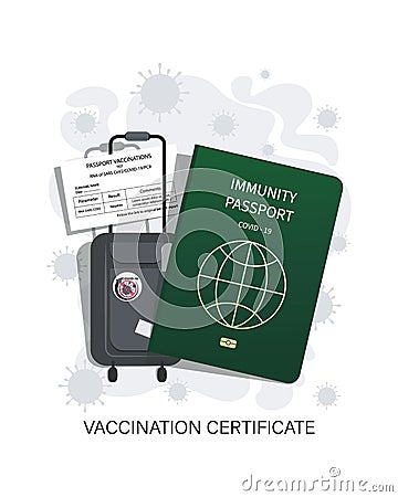 Vaccination certificate. Baggage. Safe travel. Immunity document. Covid 19 immunity symbol sign. Vector Illustration