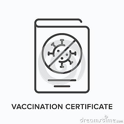 Vaccination certificate flat line icon. Vector outline illustration of document. Black thin linear pictogram for virus Vector Illustration