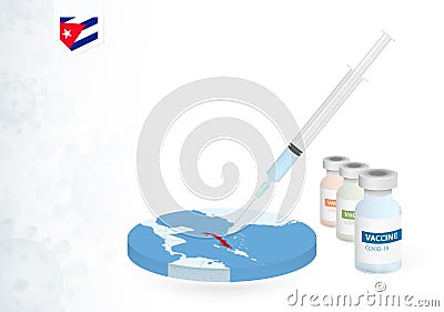 Vaccination in Cuba with different type of COVID-19 vaccine. Ð¡oncept with the vaccine injection in the map of Cuba Vector Illustration